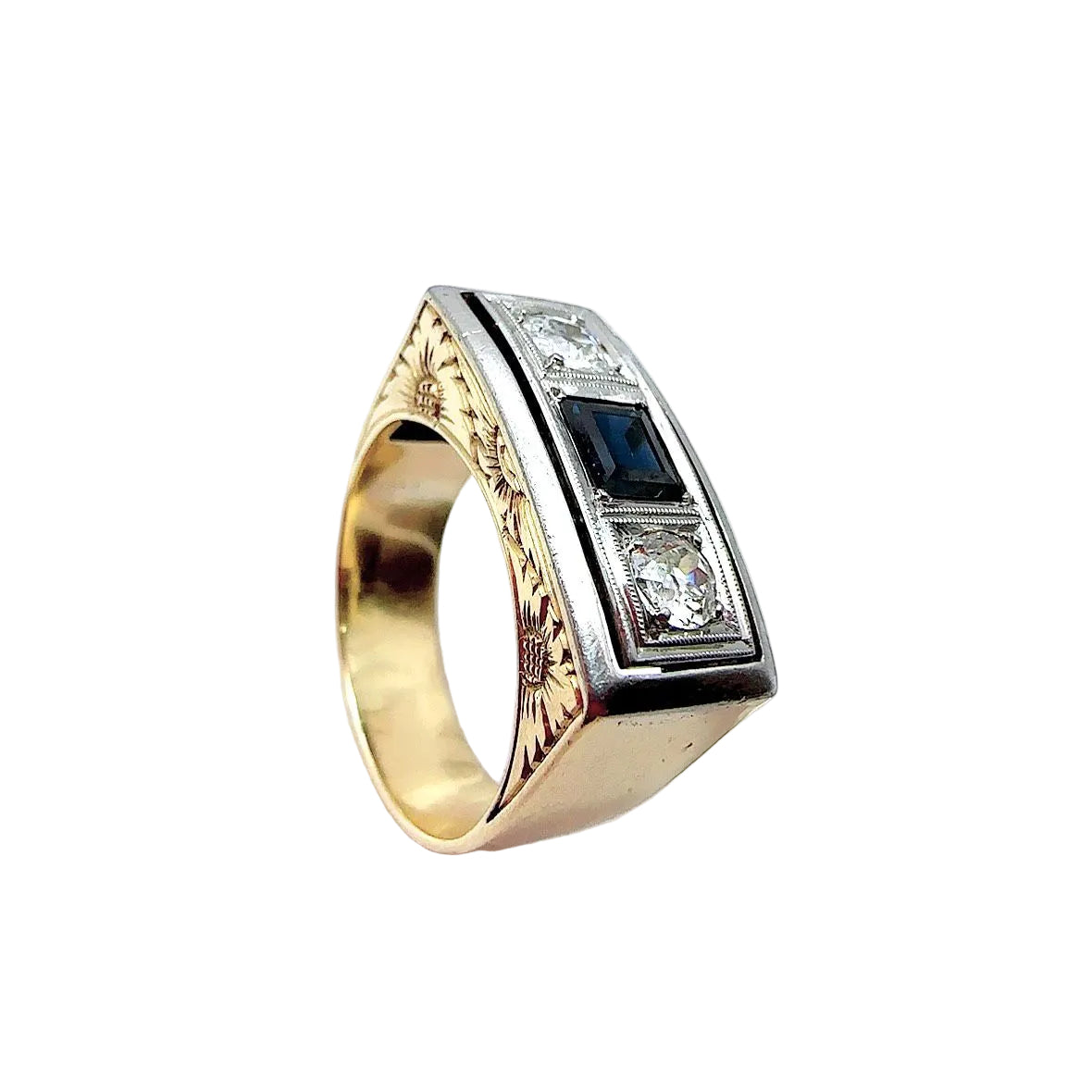 Bague vintage en or jaune et platine avec saphir et diamants - Castafiore