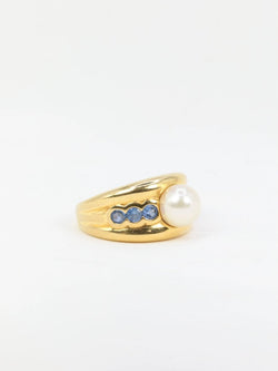 Bague vintage en or jaune, perle et saphirs - Castafiore