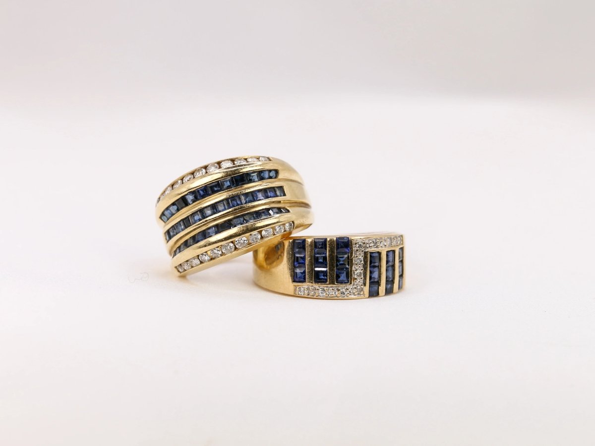 Bague vintage géométrique en or, saphirs et diamants - Castafiore