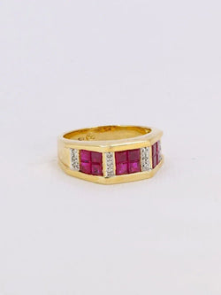 Bague vintage or jaune rubis calibrés diamants - Castafiore