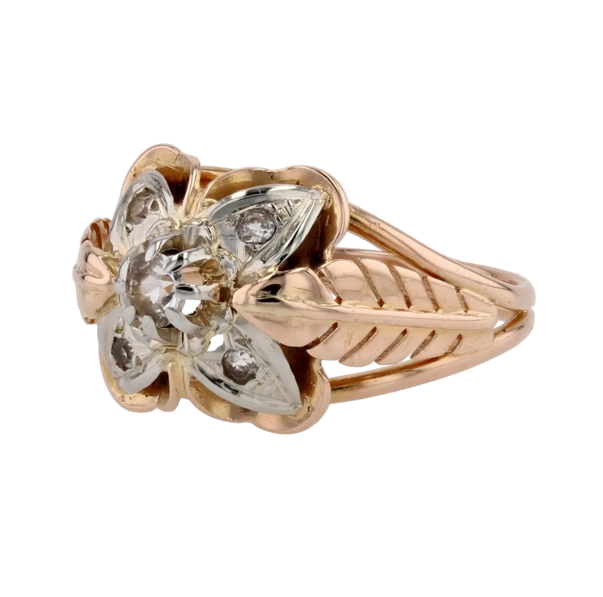 Bague vintage plumes et trèfle or rose - Castafiore