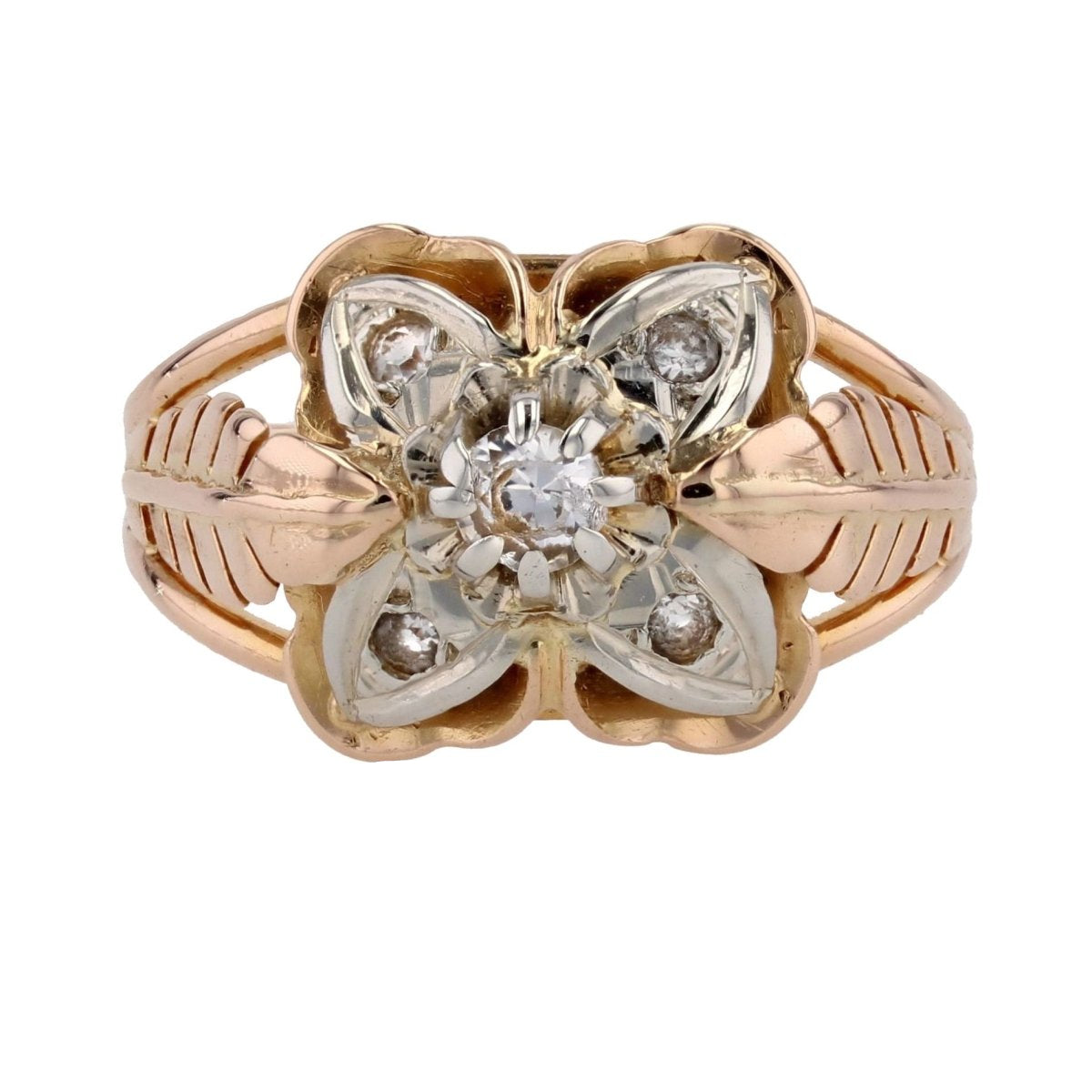 Bague vintage plumes et trèfle or rose - Castafiore