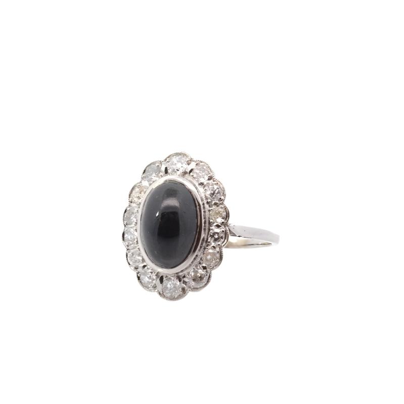 Bague vintage saphir cabochon et diamants en platine - Castafiore