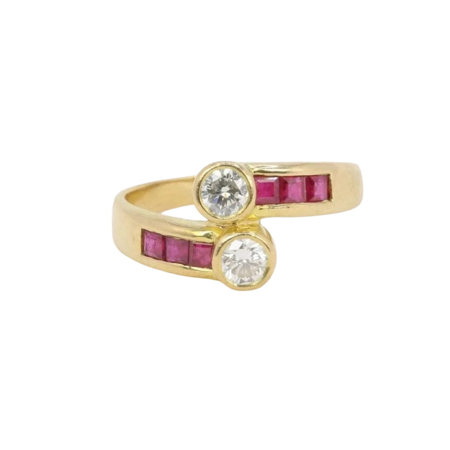 Bague vintage toi et moi or diamants rubis calibrés - Castafiore