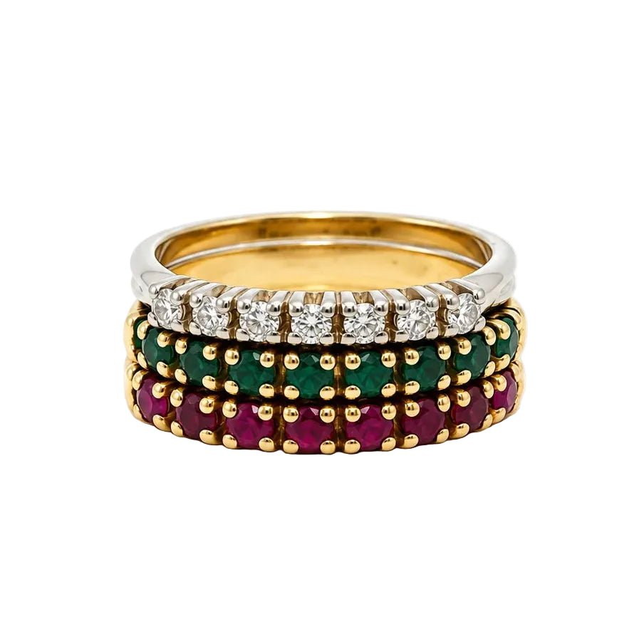 Bagues en or jaune, émeraudes, rubis et diamants - Castafiore