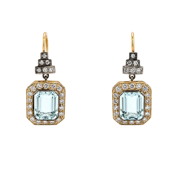 Boucles d'oreilles Pendantes en or jaune, argent, aigues-marines et diamants