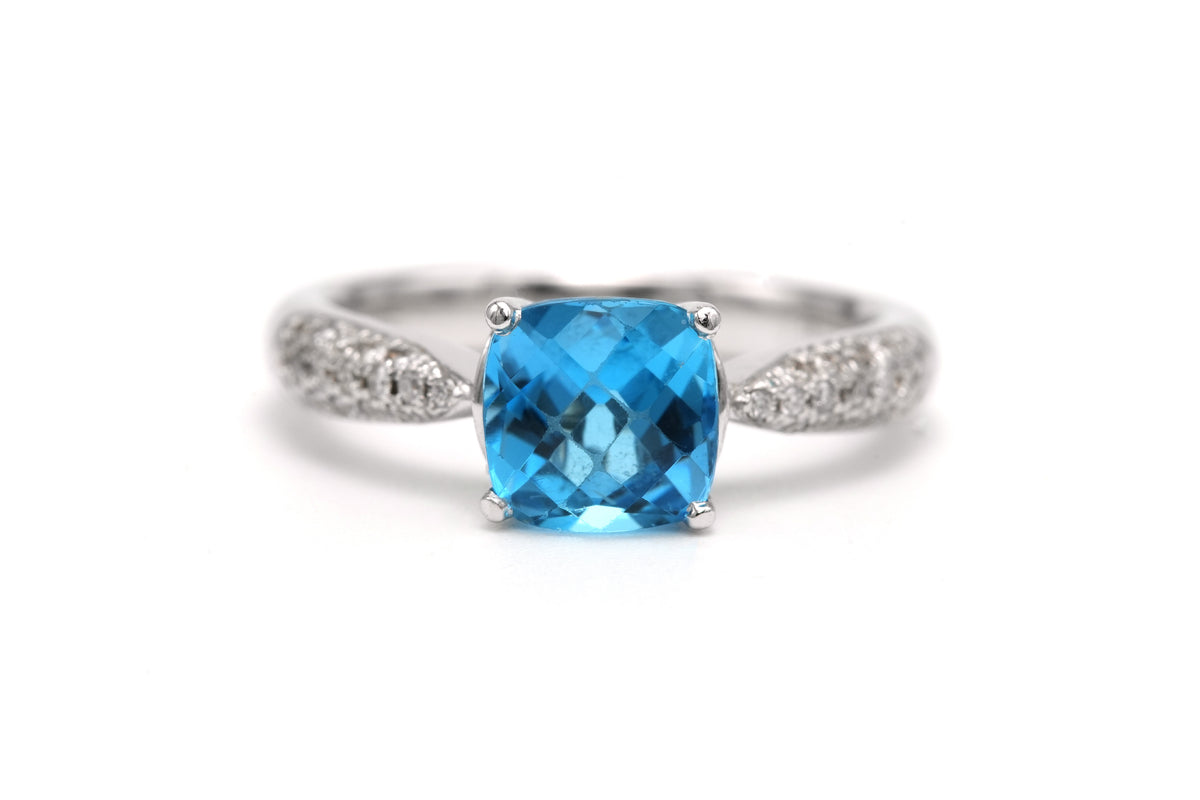 Bague Solitaire en or blanc, topaze et diamants