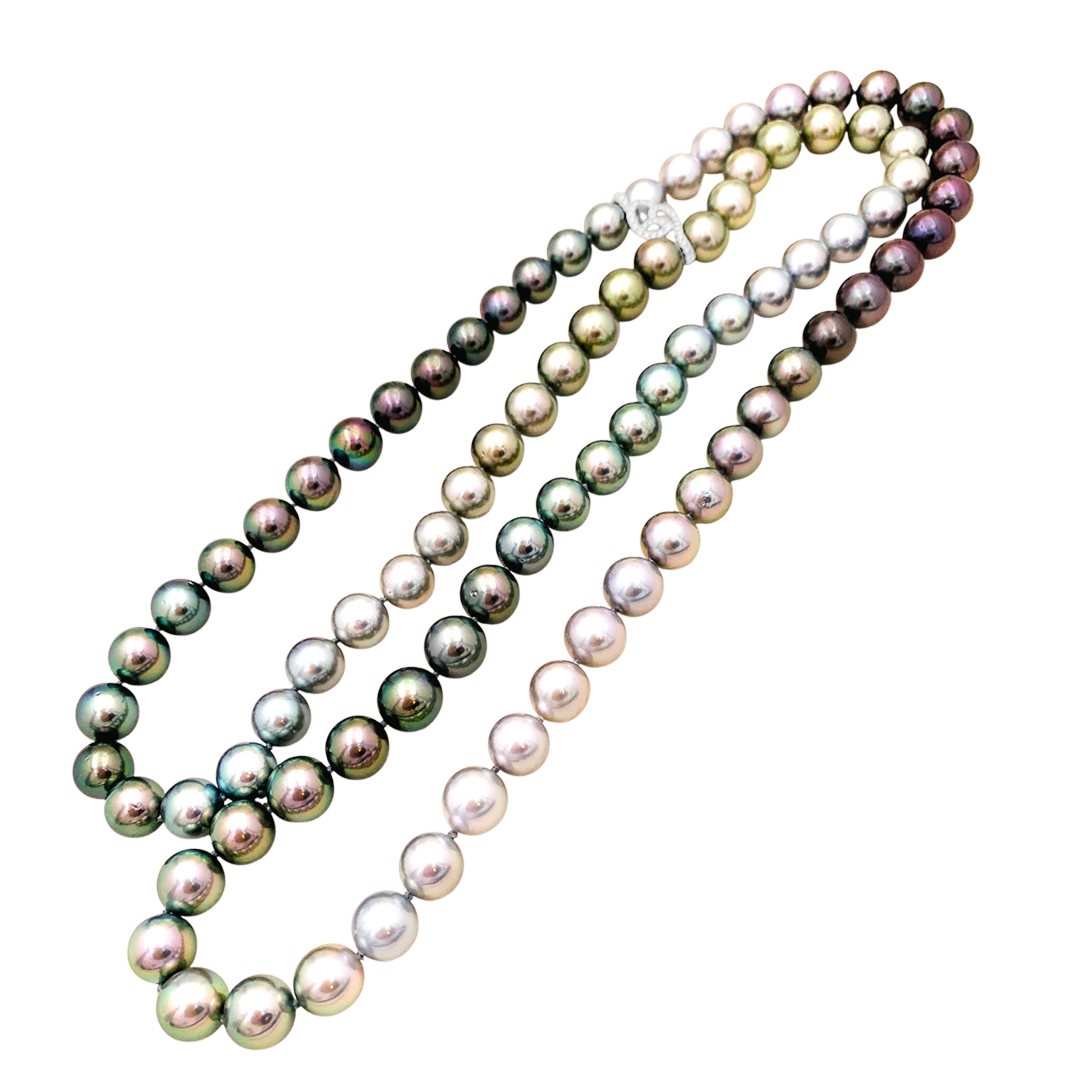 Sautoir perles de Tahiti, or blanc et diamants.