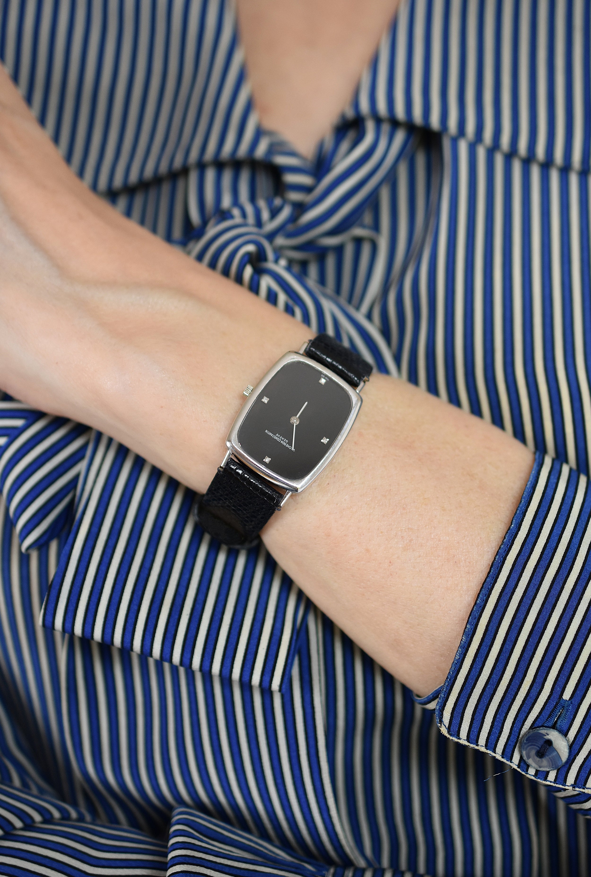 Montre VACHERON CONSTANTIN en or blanc, acier, cuir, onyx et diamants