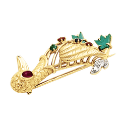 Broche « Canard » en or jaune, pierres précieuses et diamants.