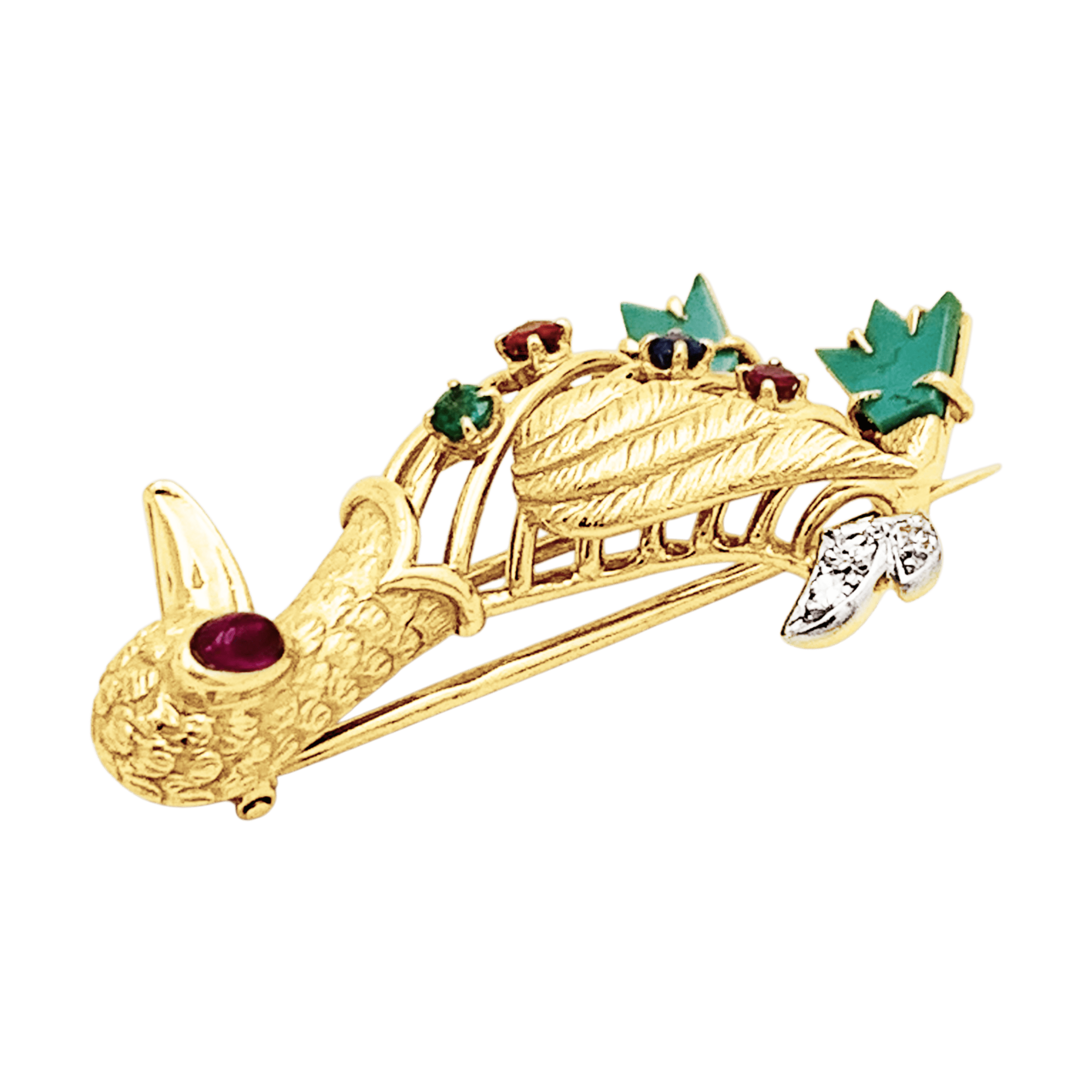 Broche « Canard » en or jaune, pierres précieuses et diamants.