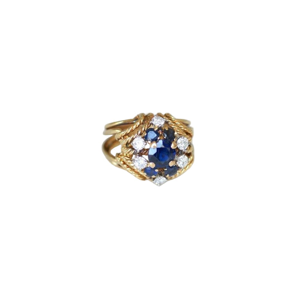 Bague Cocktail Or Jaune 9 Carats Avec Saphir Bleu Et Diamants/moissanites - Taille 54 - Neuf Sans Emballage