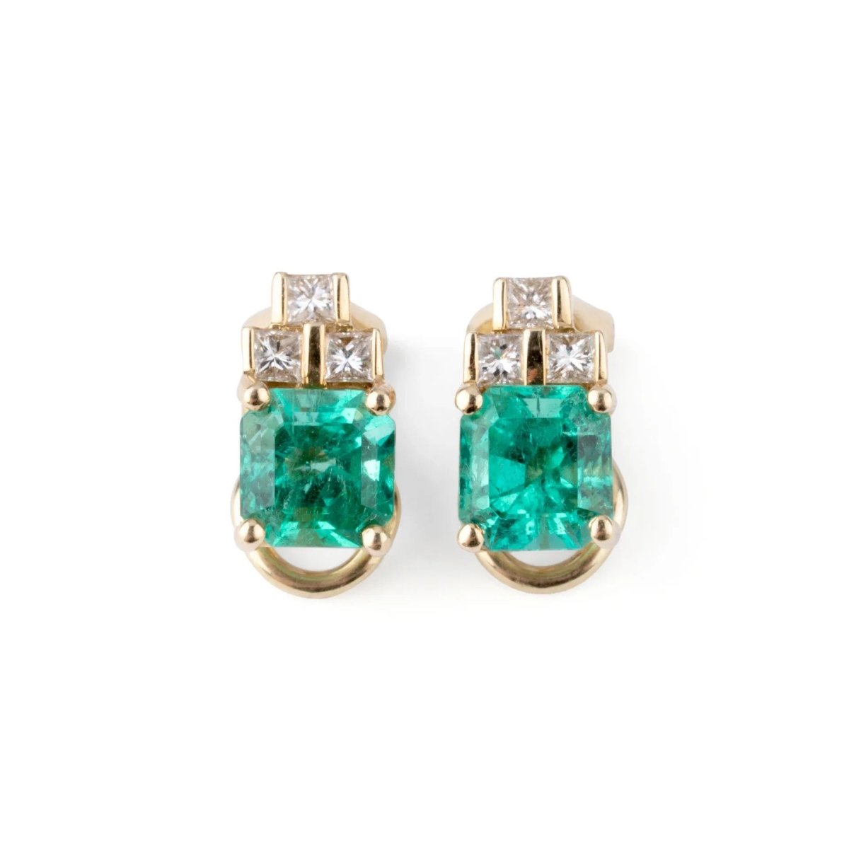 Boucle d'oreille or jaune, émeraude et diamants princesses - Castafiore