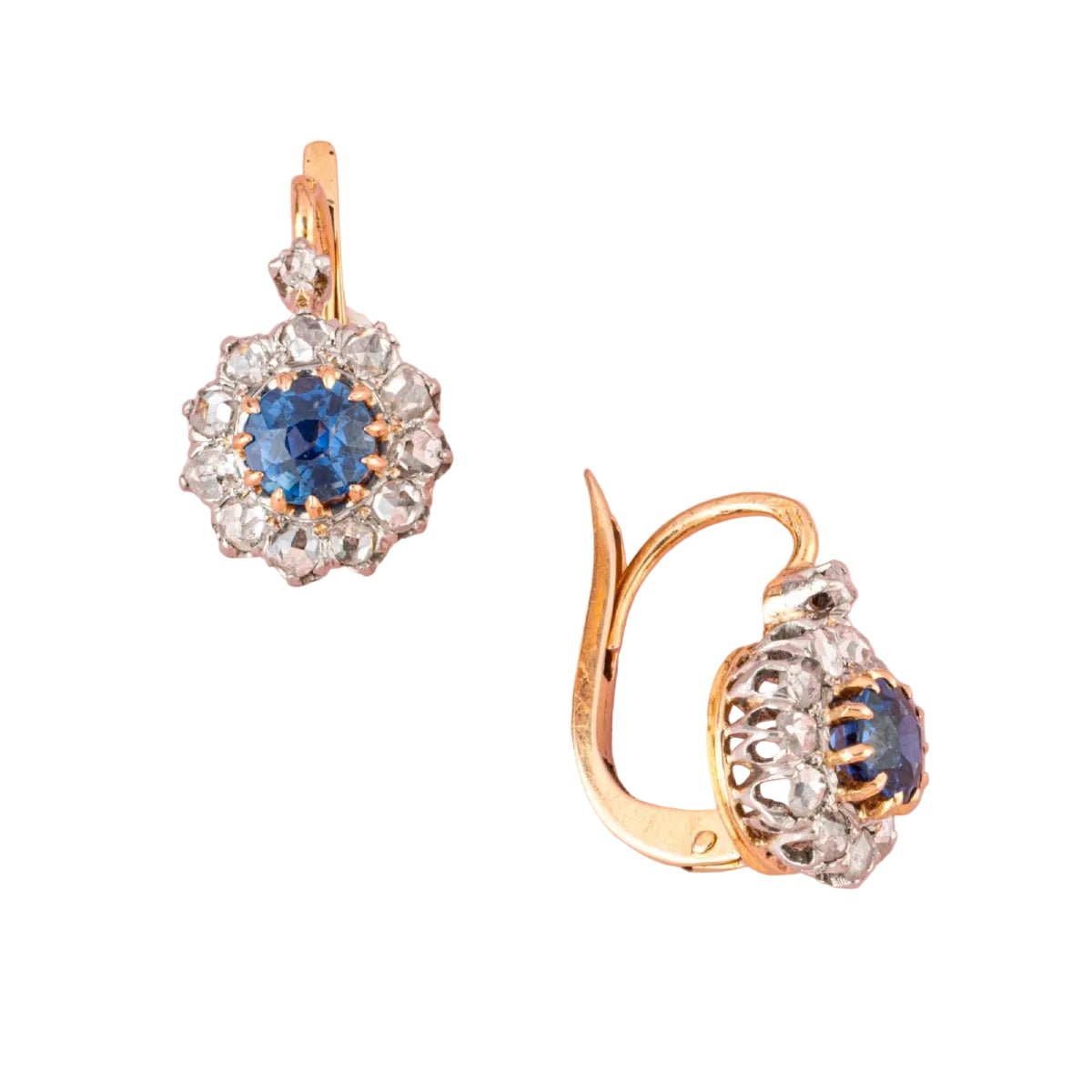 Boucle d'oreilles Dormeuses en or rose, platine, saphir et diamants - Castafiore