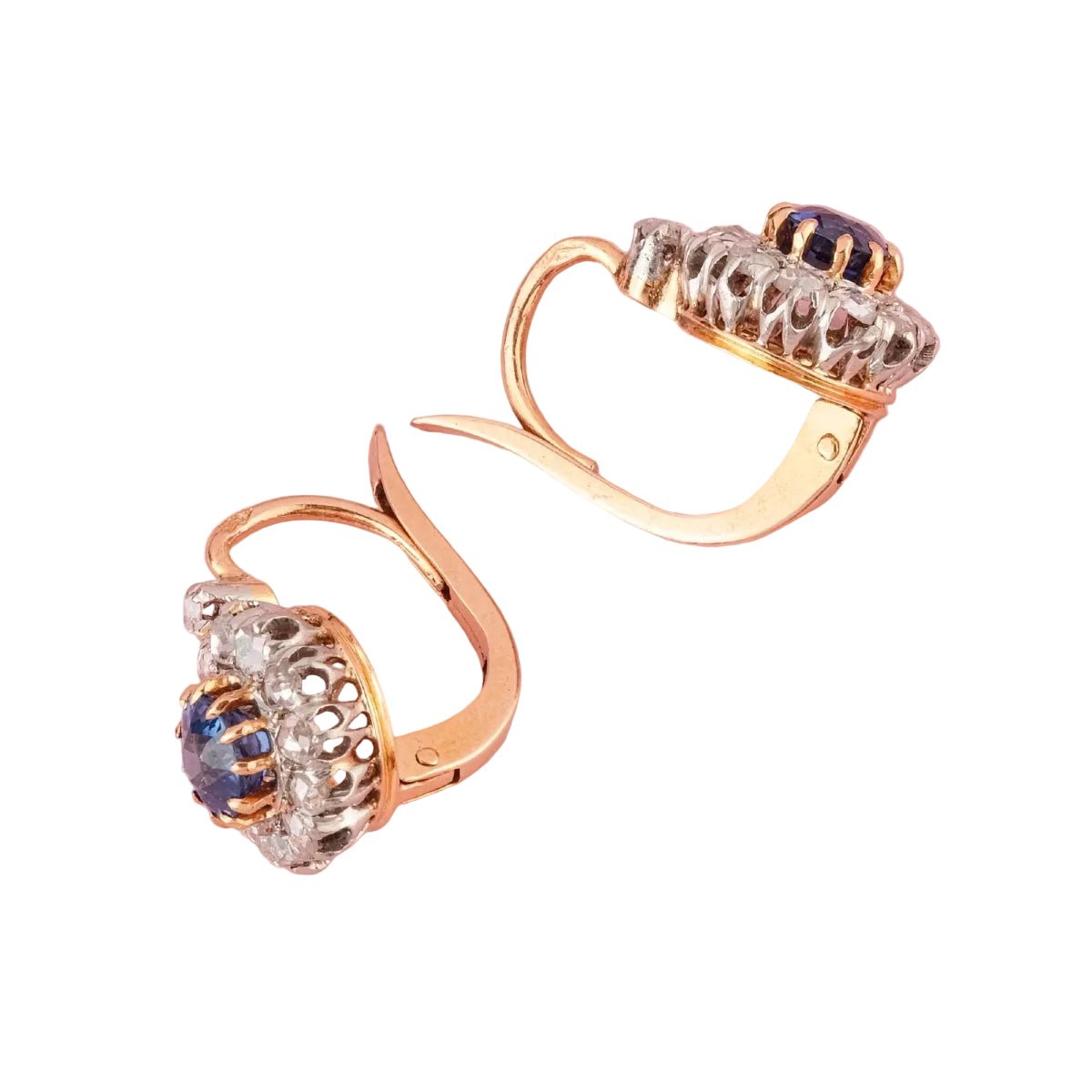 Boucle d'oreilles Dormeuses en or rose, platine, saphir et diamants - Castafiore