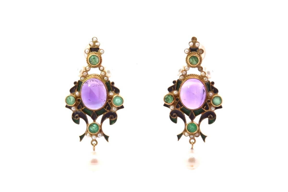 Boucles d'oreilles améthyste, émeraudes, perles et émail en or - Castafiore