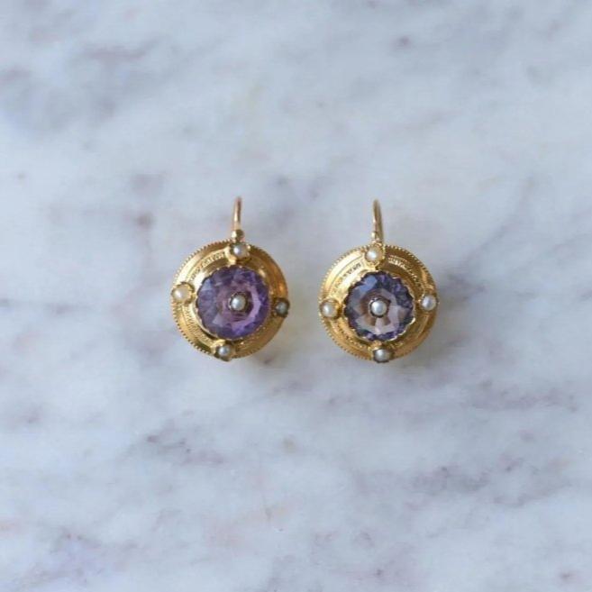 Boucles d'Oreilles Améthystes et Perles sur Or Jaune - Castafiore