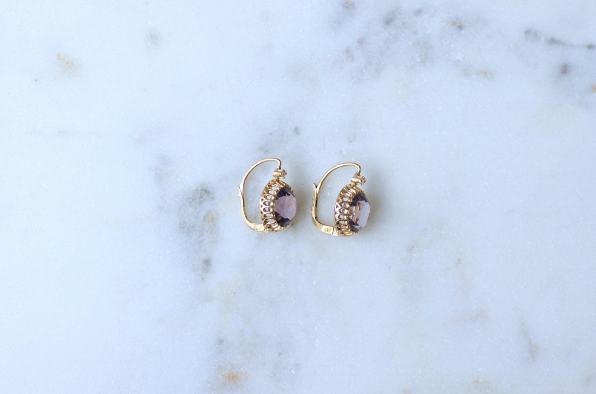 Boucles d'Oreilles Anciennes Améthystes et Diamants sur Or Jaune - Castafiore