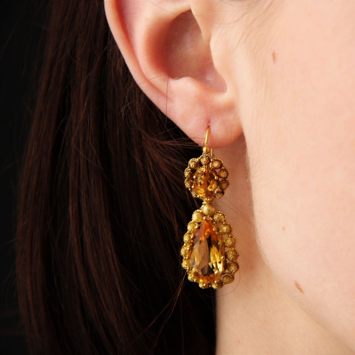 Boucles d'oreilles ANCIENNES Dormeuses en or jaune et citrines - Castafiore