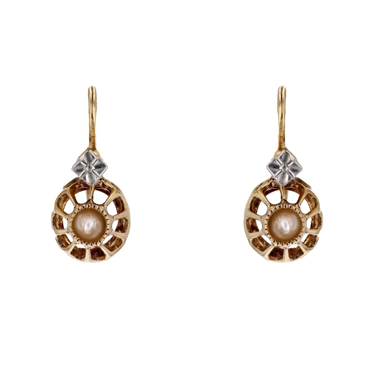 Boucles d'oreilles ANCIENNES Dormeuses en or jaune et perle fine - Castafiore
