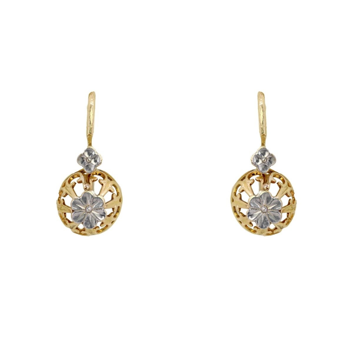 Boucles d'oreilles ANCIENNES Dormeuses fleurs en or jaune et or blanc - Castafiore