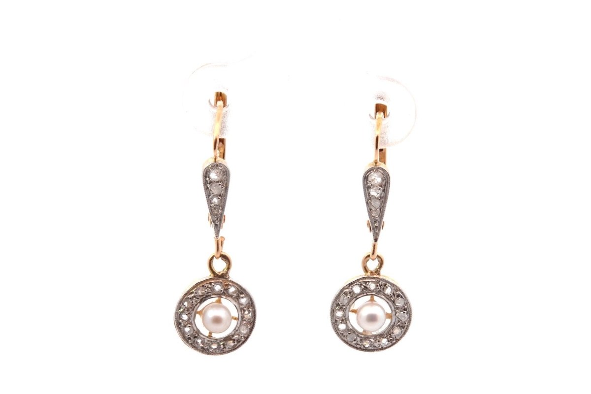 Boucles d'oreilles anciennes en or blanc et platine avec diamants et perles fines - Castafiore
