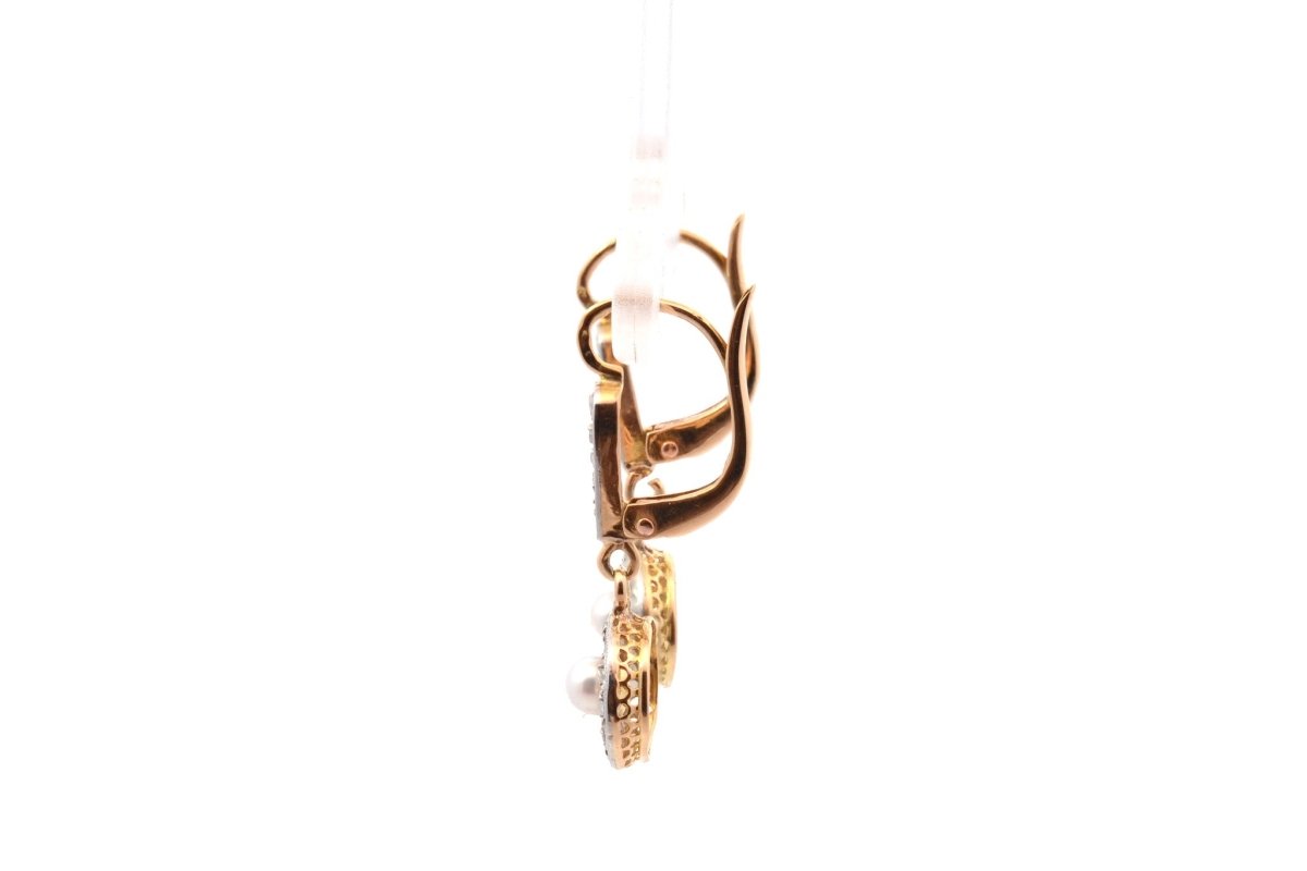 Boucles d'oreilles anciennes en or blanc et platine avec diamants et perles fines - Castafiore