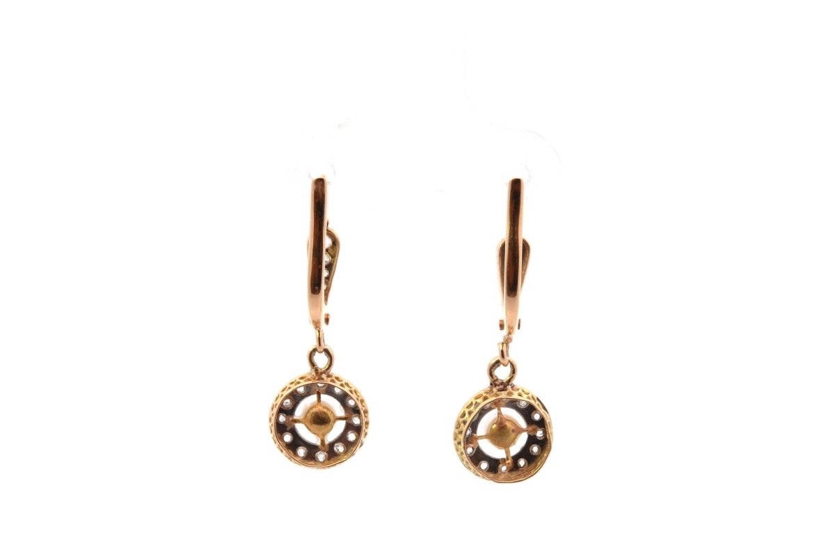 Boucles d'oreilles anciennes en or blanc et platine avec diamants et perles fines - Castafiore