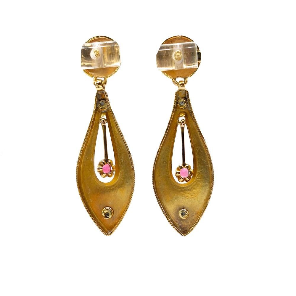 Boucles d'oreilles ANCIENNES Incarnat en or jaune rubis et perles - Castafiore