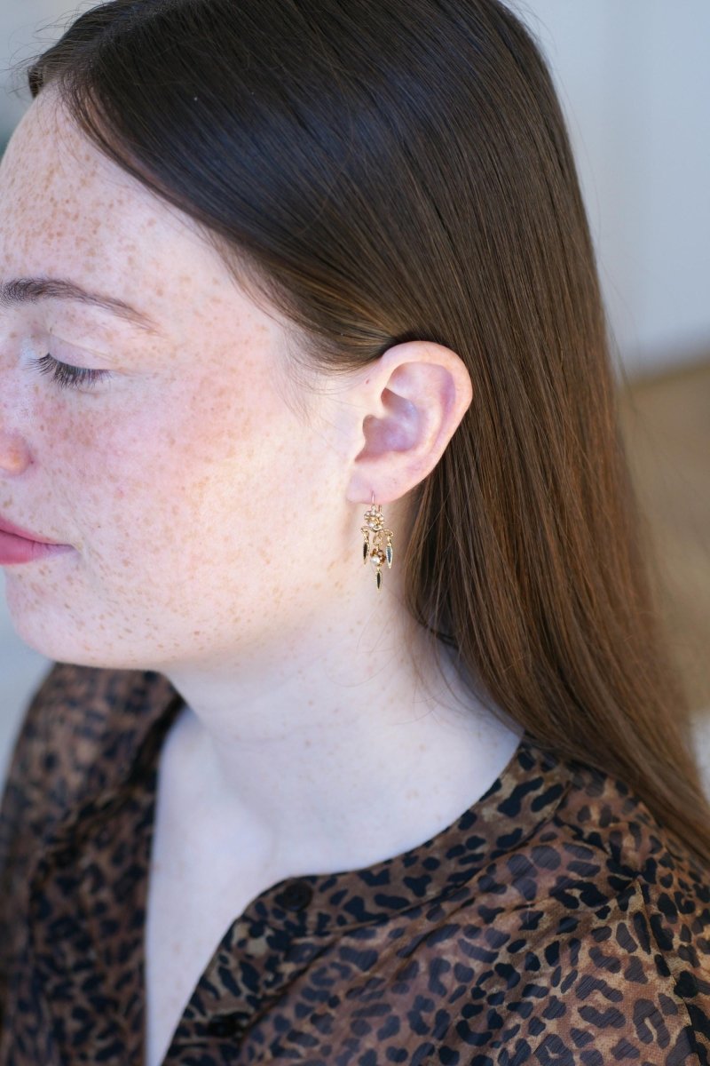 Boucles d'Oreilles Anciennes Pendantes Email et Perles - Castafiore