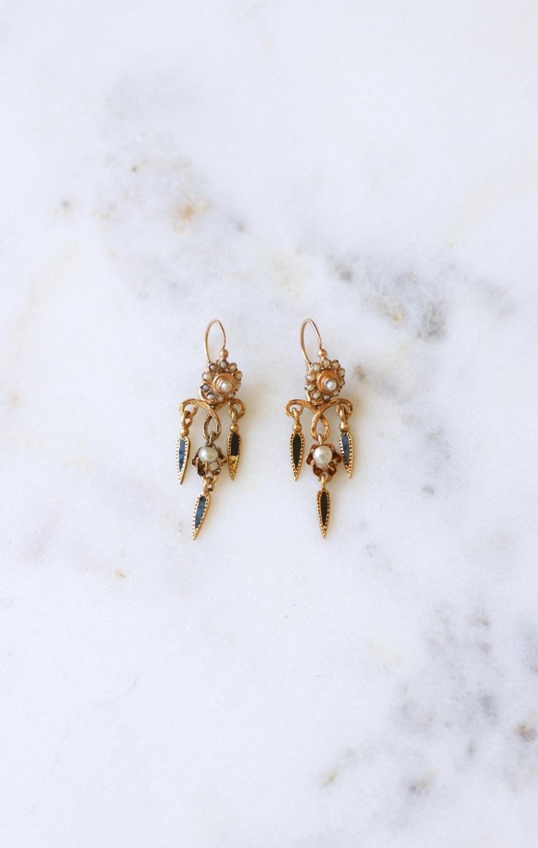 Boucles d'Oreilles Anciennes Pendantes Email et Perles - Castafiore