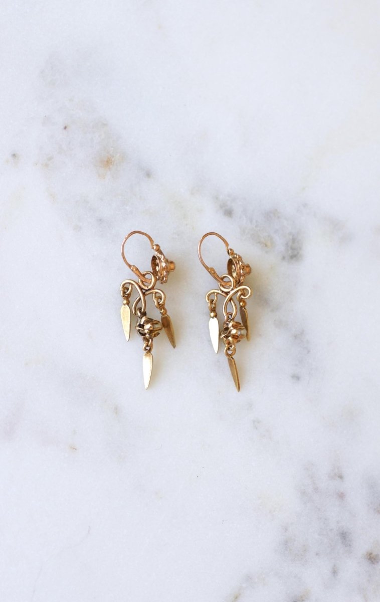 Boucles d'Oreilles Anciennes Pendantes Email et Perles - Castafiore
