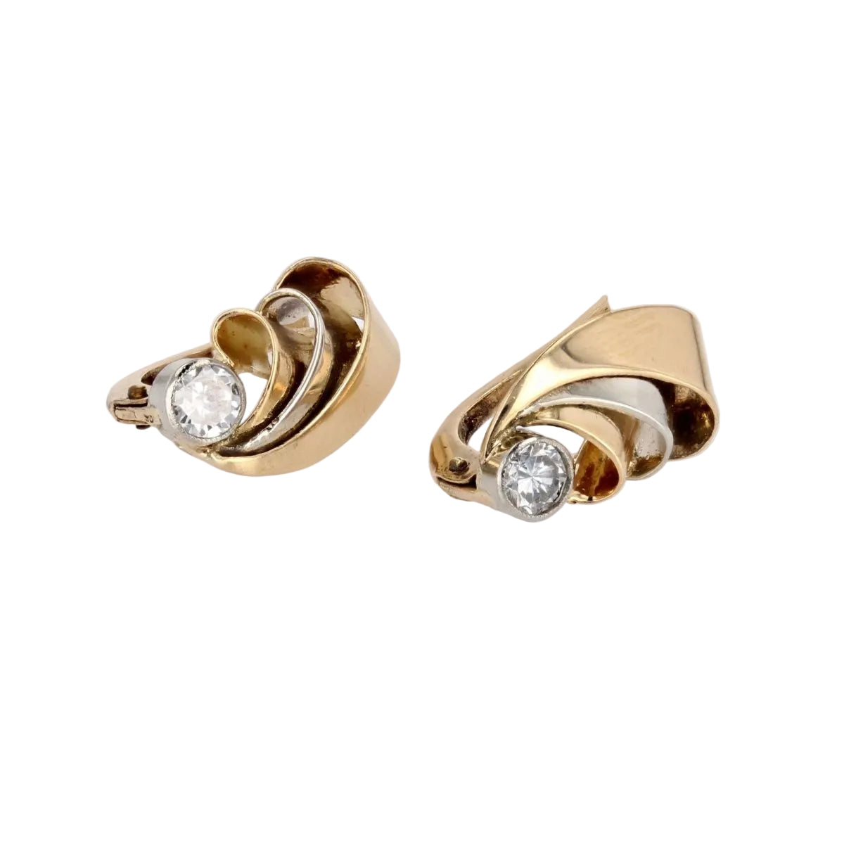 Boucles d'oreilles ANCIENNES Rubans en or jaune et blanc avec diamants - Castafiore