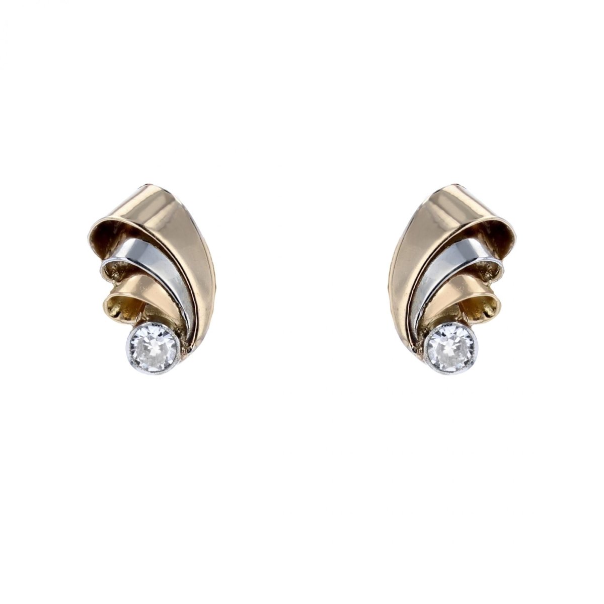Boucles d'oreilles ANCIENNES Rubans en or jaune et blanc avec diamants - Castafiore