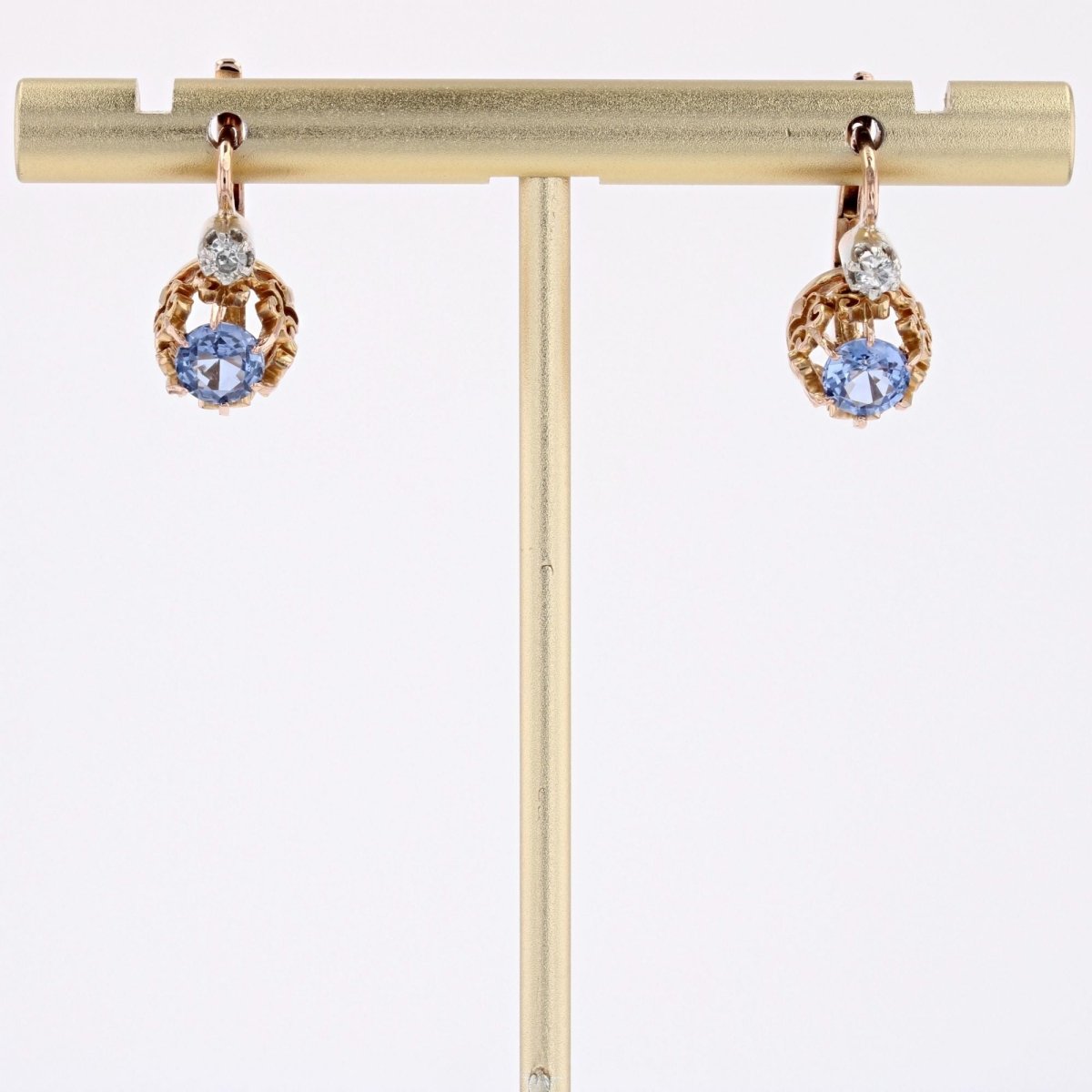 Boucles d'oreilles anciennes saphirs diamants dormeuses - Castafiore