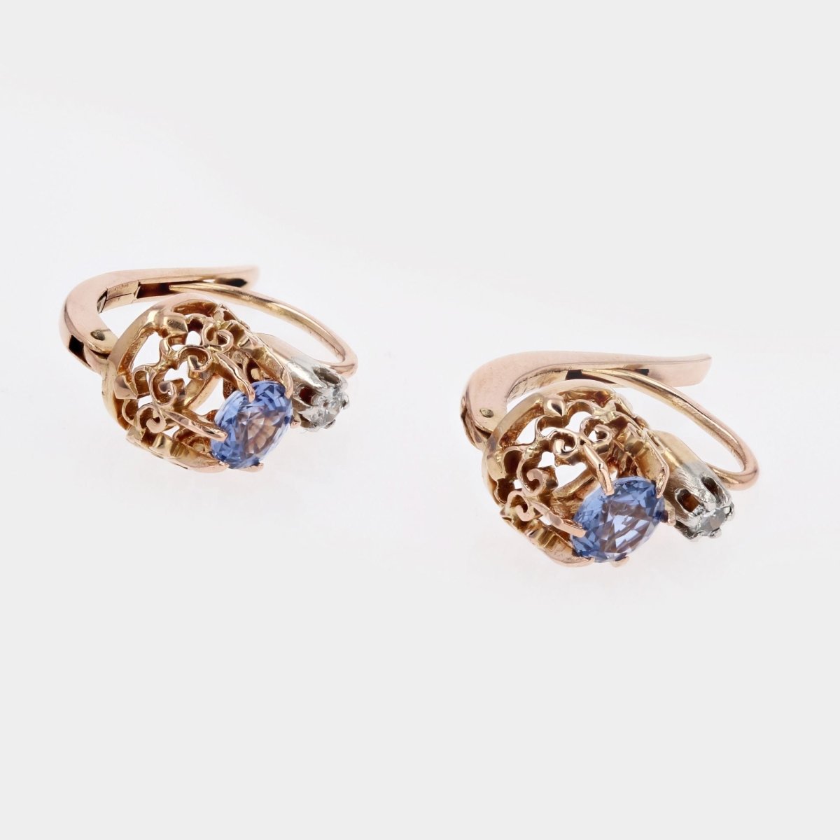 Boucles d'oreilles anciennes saphirs diamants dormeuses - Castafiore