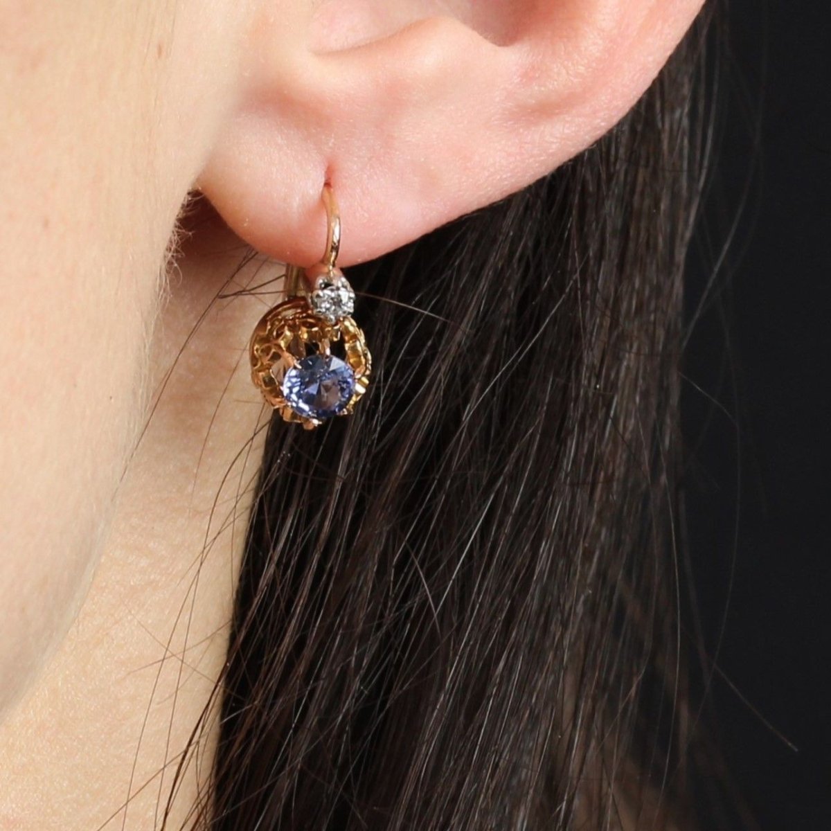 Boucles d'oreilles anciennes saphirs diamants dormeuses - Castafiore