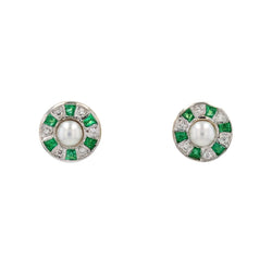 Boucles d'oreilles ART DÉCO Puces en or blanc perles diamants émeraudes - Castafiore