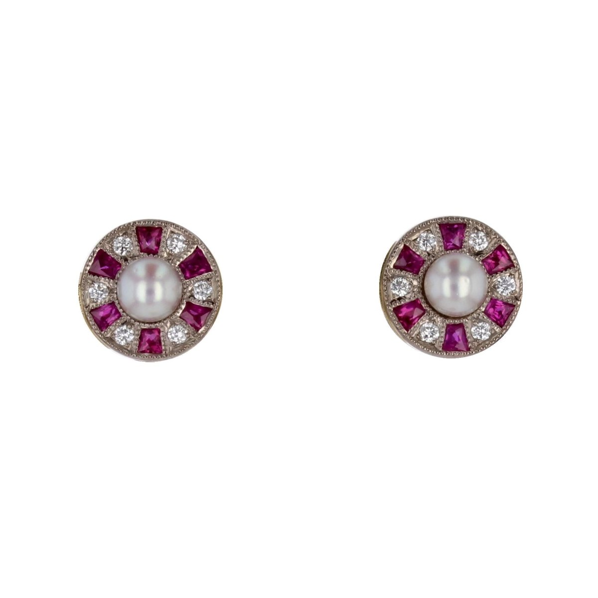 Boucles d'oreilles ART DÉCO Puces en or blanc perles diamants et rubis - Castafiore
