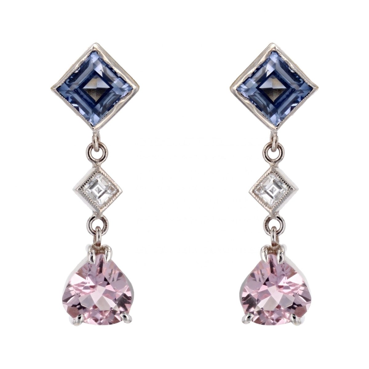 Boucles d'oreilles BAUME Pendantes en or blanc saphirs diamants morganites - Castafiore