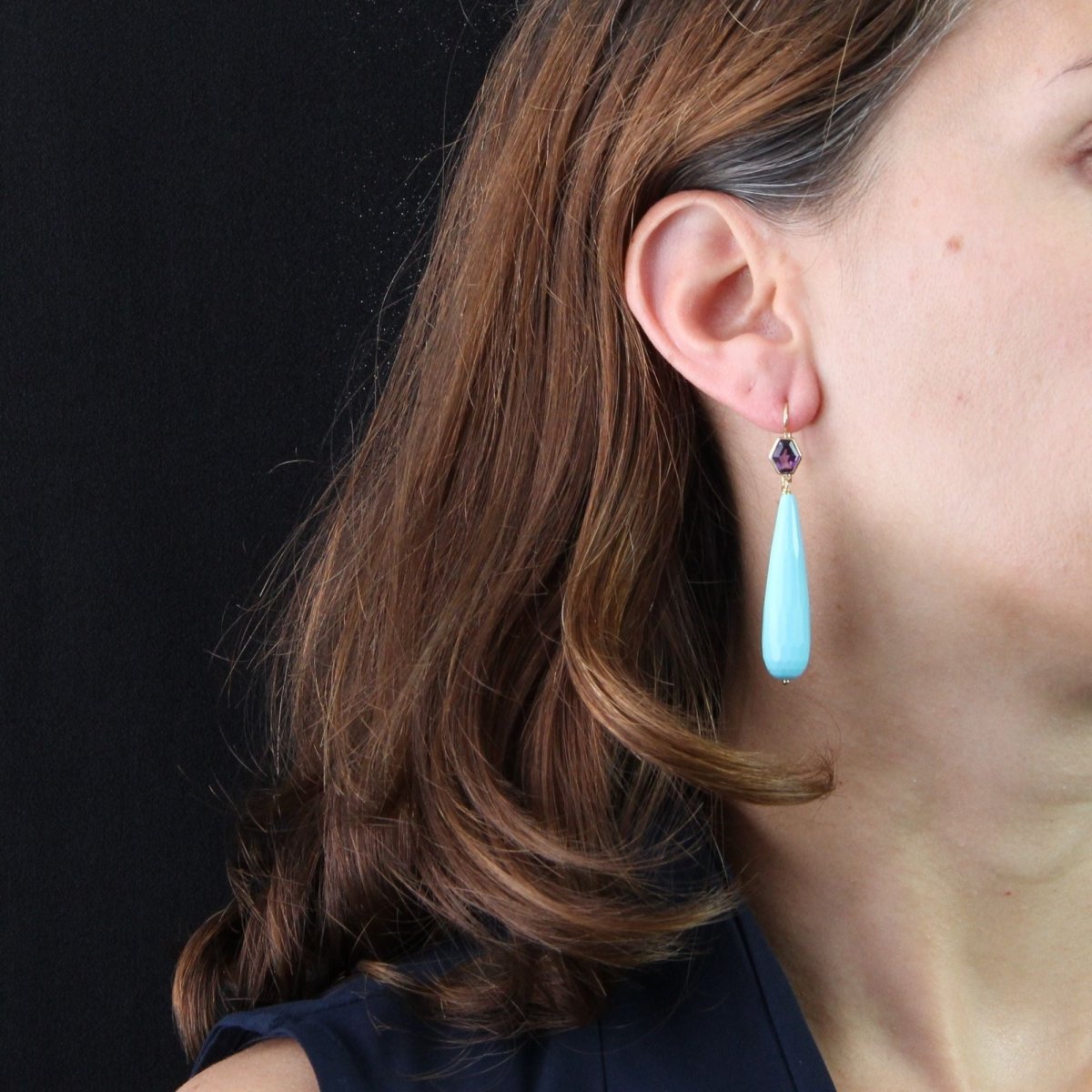 Boucles d'oreilles BAUME Pendantes en or jaune améthystes et turquoises - Castafiore