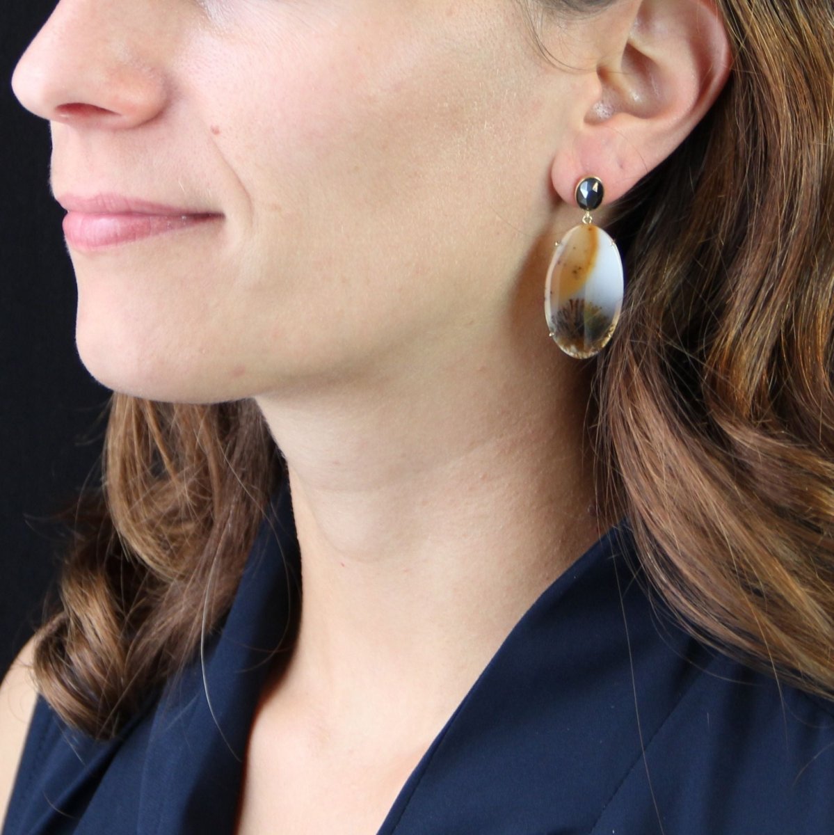 Boucles d'oreilles BAUME Pendants en or jaune agate et hématite - Castafiore