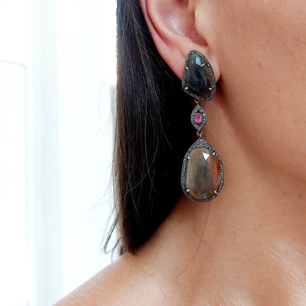 Boucles d'oreilles BOHEME longs pendants en argent et saphirs - Castafiore