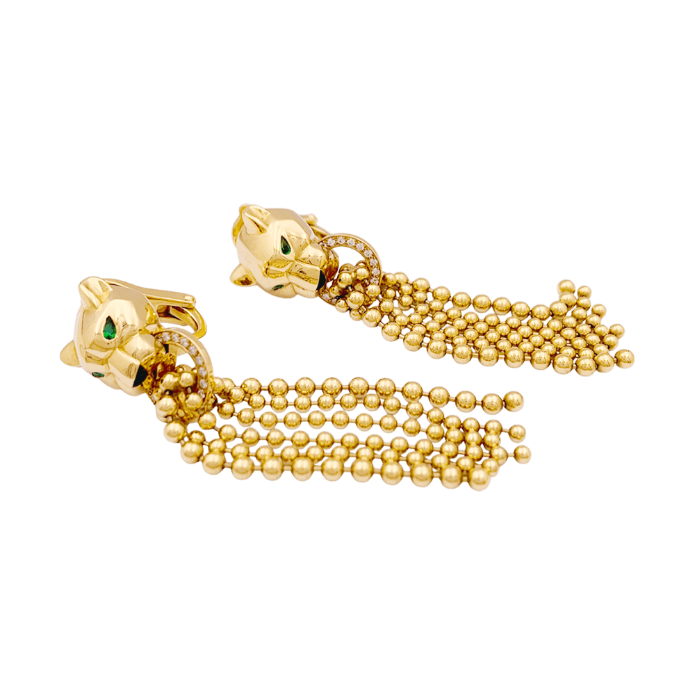 Boucles d'oreilles CARTIER Panthère en or jaune diamants tsavorites et onyx - Castafiore