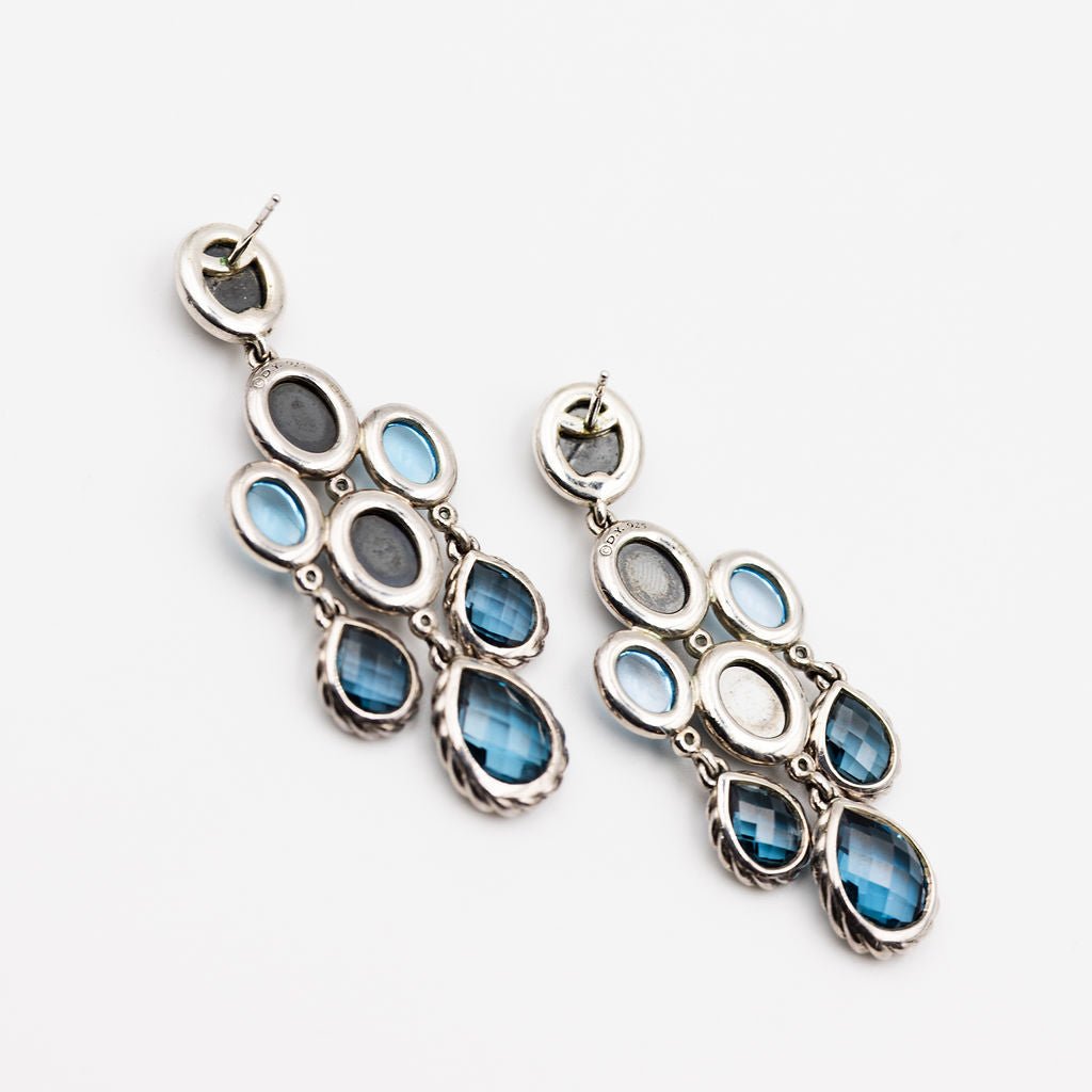 Boucles d'oreilles Chandelier DAVID YURMAN en argent, topaze bleue, hématite et diamant - Castafiore