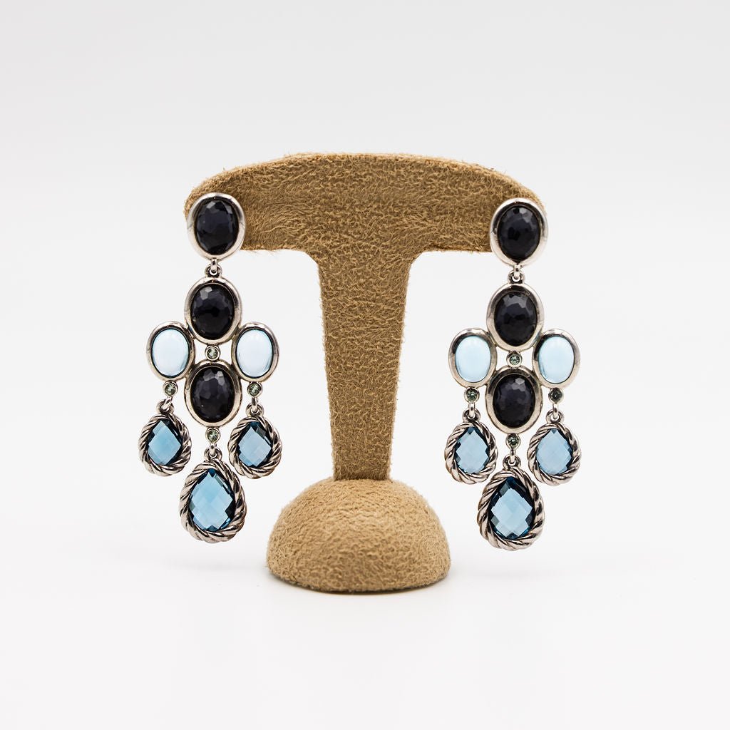 Boucles d'oreilles Chandelier DAVID YURMAN en argent, topaze bleue, hématite et diamant - Castafiore