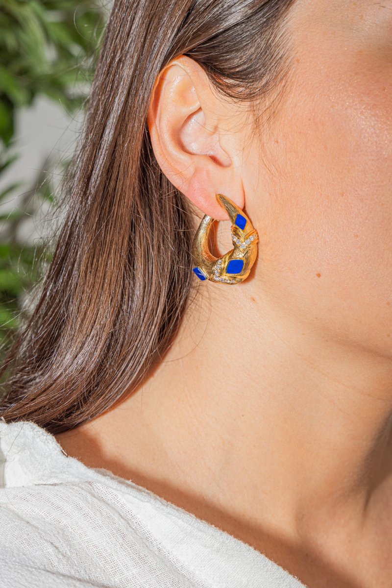 Boucles d'oreilles Clip en or jaune, lapis lazuli et diamants - Castafiore