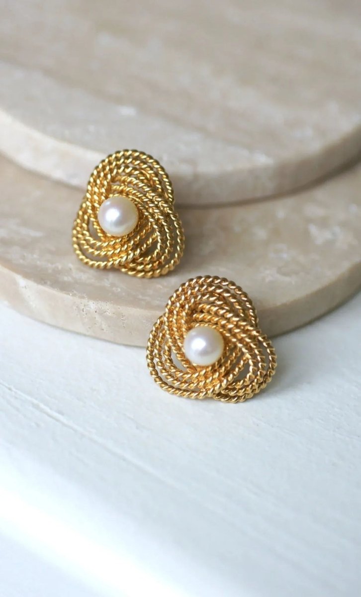 Boucles d'Oreilles Clip Gubelin Or Torsadé et Perles - Castafiore