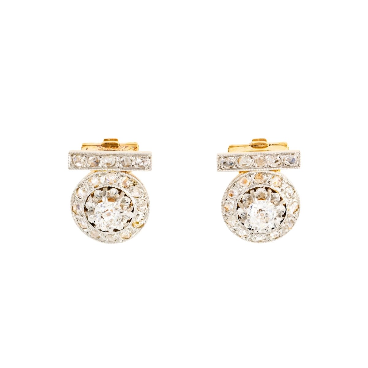 Boucles d'oreilles Clips Art Déco en platine, or jaune et diamants - Castafiore