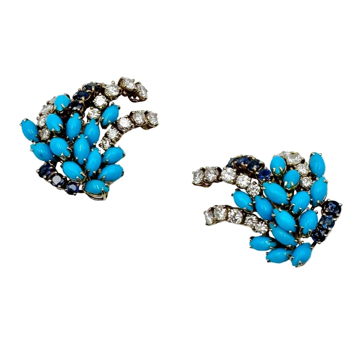 Boucles d'oreilles Clips BOUCHERON or jaune, turquoises, saphirs et diamants - Castafiore